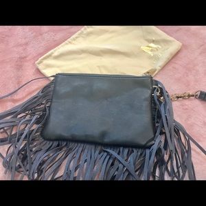 NWT! Vegan leather dark gray fringed clutch